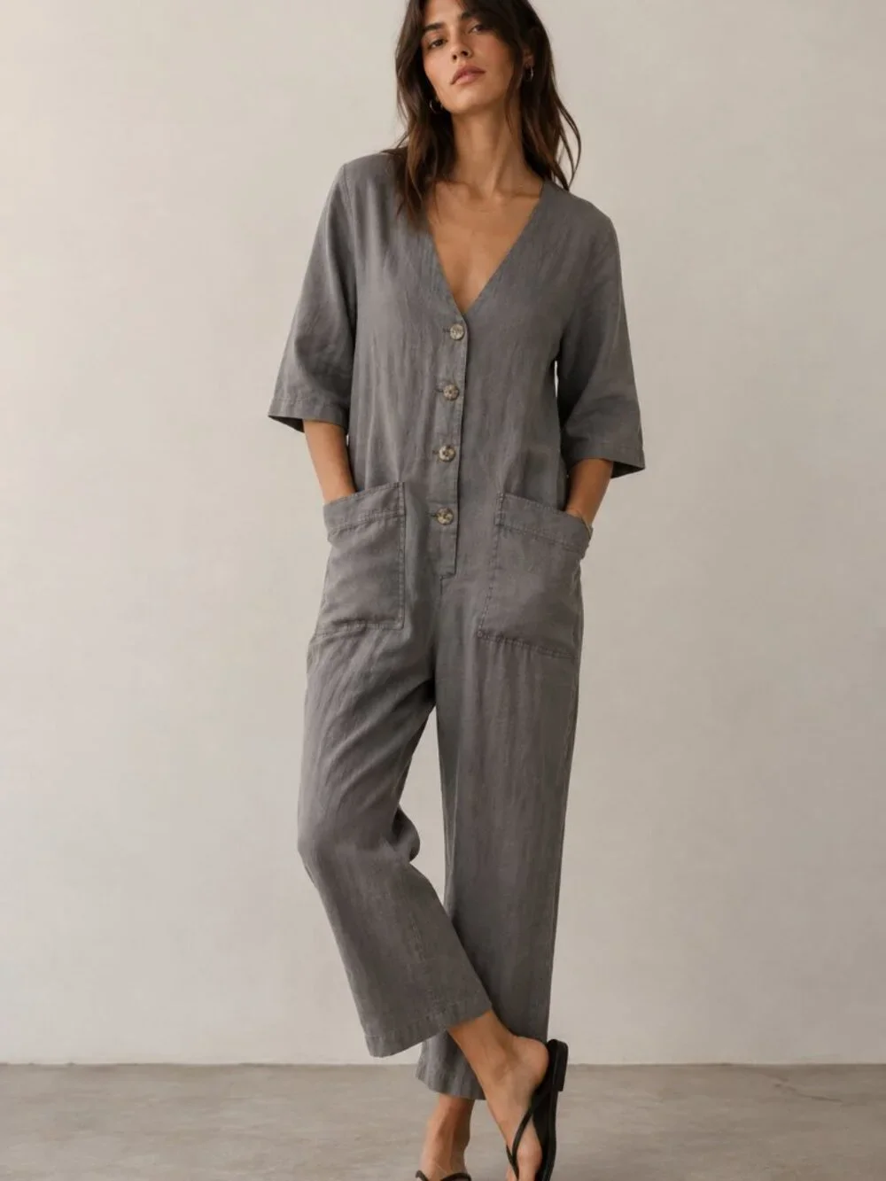 Zara Gray 100% Linen Bolier Jumpsuit The Lillian Size Medium
